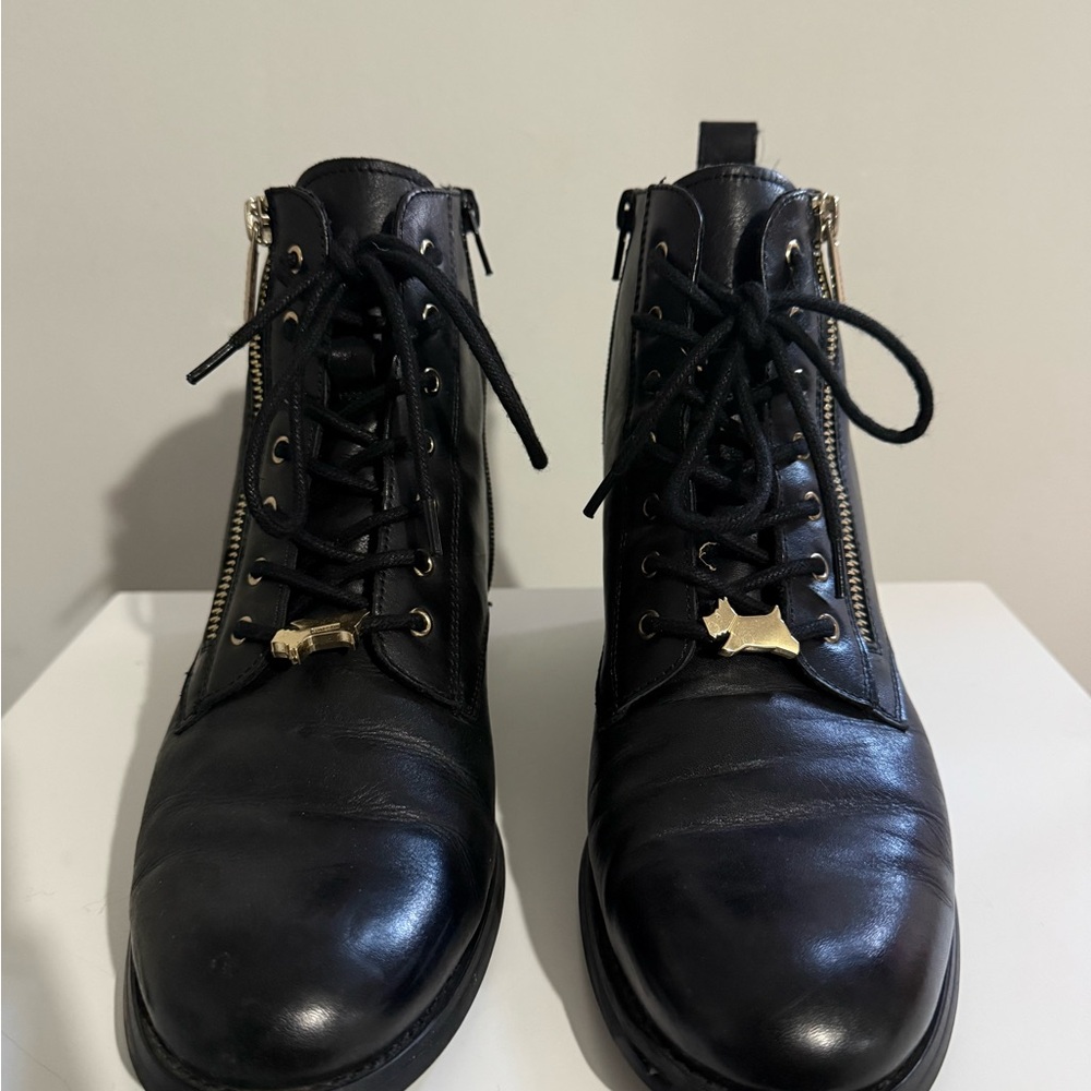 RADLEY LONDON Black Leather Lace-Up Ankle Boots with Gold Zipper Accents